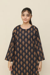 Plum Premium Khaddar Black Colour Printed Golden Leaves On 2 pc Stitched suit For Girls