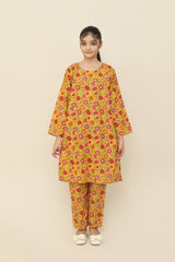 Plum Premium Khaddar Deep Yellow Colour Printed Red Pink Green Flowers On 2 pc Stitched suit For Girls