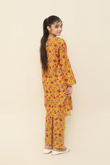 Plum Premium Khaddar Deep Yellow Colour Printed Red Pink Green Flowers On 2 pc Stitched suit For Girls