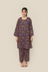 Plum Premium Khaddar Blue Colour Printed Colourful Flowers On 2 pc Stitched suit For Girls