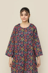 Plum Premium Khaddar Blue Colour Printed Colourful Flowers On 2 pc Stitched suit For Girls