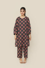 Plum Premium Khaddar Black Colour Printed Red Yellow White Patterns On 2 pc Stitched suit For Girls