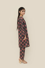 Plum Premium Khaddar Black Colour Printed Red Yellow White Patterns On 2 pc Stitched suit For Girls