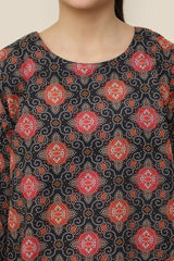 Plum Premium Khaddar Black Colour Printed Red Yellow White Patterns On 2 pc Stitched suit For Girls