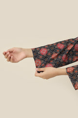 Plum Premium Khaddar Black Colour Printed Red Yellow White Patterns On 2 pc Stitched suit For Girls