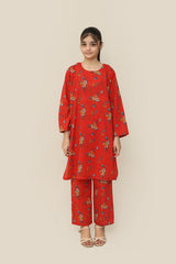 Plum Premium Khaddar Red Orange Colour Printed Yellow Blue White Flowers On 2 pc Stitched suit For Girls