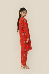 Plum Premium Khaddar Red Orange Colour Printed Yellow Blue White Flowers On 2 pc Stitched suit For Girls