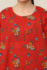 Plum Premium Khaddar Red Orange Colour Printed Yellow Blue White Flowers On 2 pc Stitched suit For Girls