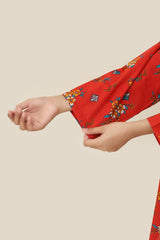 Plum Premium Khaddar Red Orange Colour Printed Yellow Blue White Flowers On 2 pc Stitched suit For Girls