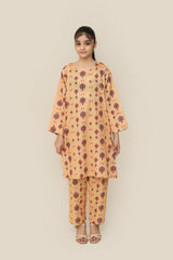 Plum Premium Yellow Colour Printed Red Blue Yellow Patterns On 2 pc Stitched suit For Girls