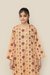 Plum Premium Yellow Colour Printed Red Blue Yellow Patterns On 2 pc Stitched suit For Girls