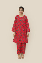 Plum Premium Khaddar Red Colour Printed Pink Blue White Flowers On 2 pc Stitched suit For Girls