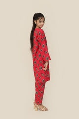 Plum Premium Khaddar Red Colour Printed Pink Blue White Flowers On 2 pc Stitched suit For Girls