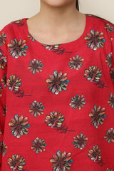 Plum Premium Khaddar Red Colour Printed Pink Blue White Flowers On 2 pc Stitched suit For Girls