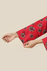 Plum Premium Khaddar Red Colour Printed Pink Blue White Flowers On 2 pc Stitched suit For Girls