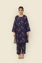 Plum Premium Khaddar Dark Blue Colour Printed Red Yellow Green Patterns On 2 pc Stitched suit For Girls