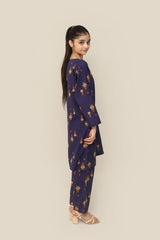 Plum Premium Khaddar Dark Blue Colour Printed Red Yellow Green Patterns On 2 pc Stitched suit For Girls