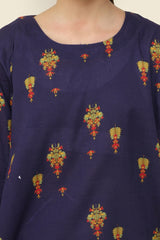 Plum Premium Khaddar Dark Blue Colour Printed Red Yellow Green Patterns On 2 pc Stitched suit For Girls