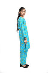 Plum Digital Lawn Sky Blue Colour Printed  Yellow Brown Leaves on 2 Pc stitched suit for Girls.