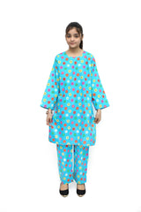 Plum Digital Lawn Sky Blue Colour Printed Red Yellow Pink Flowers on 2 Pc stitched suit for Girls.