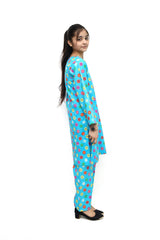 Plum Digital Lawn Sky Blue Colour Printed Red Yellow Pink Flowers on 2 Pc stitched suit for Girls.