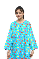 Plum Digital Lawn Sky Blue Colour Printed Red Yellow Pink Flowers on 2 Pc stitched suit for Girls.