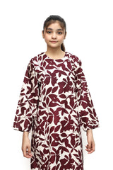 Plum Digital Lawn OffWhite Colour Printed Burgandy Leaves on 2 Pc stitched suit for Girls.