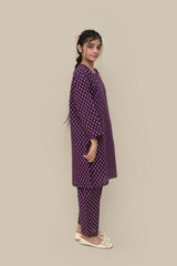 Plum Premium Khaddar Dark Purple Colour Printed Off White Red Flowers On 2 pc Stitched suit For Girls
