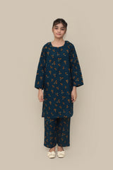 Plum Premium Khaddar Zinc Colour Printed Mustard Olive Flowers On 2 pc Stitched suit For Girls