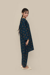 Plum Premium Khaddar Zinc Colour Printed Mustard Olive Flowers On 2 pc Stitched suit For Girls