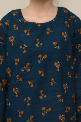 Plum Premium Khaddar Zinc Colour Printed Mustard Olive Flowers On 2 pc Stitched suit For Girls