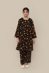 Plum Premium Khaddar Black Colour Printed Golden Flowers  On 2 pc Stitched suit For Girls