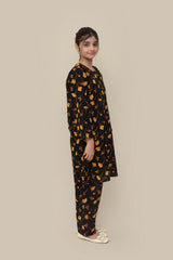 Plum Premium Khaddar Black Colour Printed Golden Flowers  On 2 pc Stitched suit For Girls