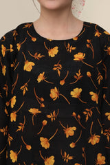 Plum Premium Khaddar Black Colour Printed Golden Flowers  On 2 pc Stitched suit For Girls