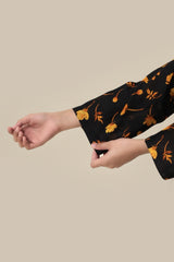 Plum Premium Khaddar Black Colour Printed Golden Flowers  On 2 pc Stitched suit For Girls