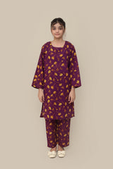 Plum Premium Khaddar Purple Colour Printed Golden Flowers On 2 pc Stitched suit For Girls