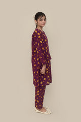 Plum Premium Khaddar Purple Colour Printed Golden Flowers On 2 pc Stitched suit For Girls