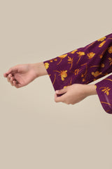 Plum Premium Khaddar Purple Colour Printed Golden Flowers On 2 pc Stitched suit For Girls