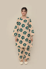 Plum Premium Khaddar Almond Colour Printed Green Flowers On 2 pc Stitched suit For Girls