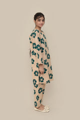 Plum Premium Khaddar Almond Colour Printed Green Flowers On 2 pc Stitched suit For Girls