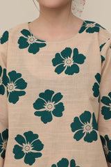 Plum Premium Khaddar Almond Colour Printed Green Flowers On 2 pc Stitched suit For Girls