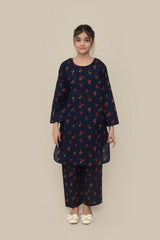 Plum Premium Khaddar Dark Blue Colour Printed Red Yellow Flowers On 2 pc Stitched suit For Girls