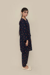 Plum Premium Khaddar Dark Blue Colour Printed Red Yellow Flowers On 2 pc Stitched suit For Girls