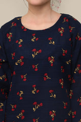 Plum Premium Khaddar Dark Blue Colour Printed Red Yellow Flowers On 2 pc Stitched suit For Girls