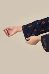 Plum Premium Khaddar Dark Blue Colour Printed Red Yellow Flowers On 2 pc Stitched suit For Girls