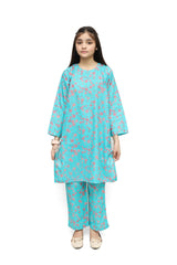 Plum Digital Lawn Sea Green Colour Printed Pink Flowers on 2 Pc stitched suit for Girls.