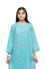 Plum Digital Lawn Sea Green Colour Printed Pink Flowers on 2 Pc stitched suit for Girls.