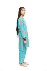 Plum Digital Lawn Sea Green Colour Printed Pink Flowers on 2 Pc stitched suit for Girls.
