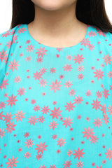 Plum Digital Lawn Sea Green Colour Printed Pink Flowers on 2 Pc stitched suit for Girls.