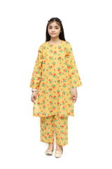 Plum Digital Lawn Yellow Colour Printed Peach Green Flowers on 2 Pc stitched suit for Girls.